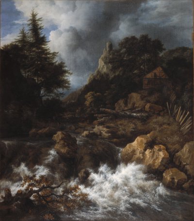 Waterval met een vakwerkhuis en kasteel door Jacob van Ruisdael